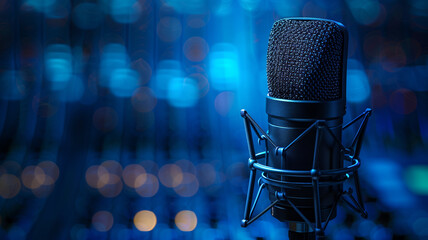 Professional studio microphone with blue background waves