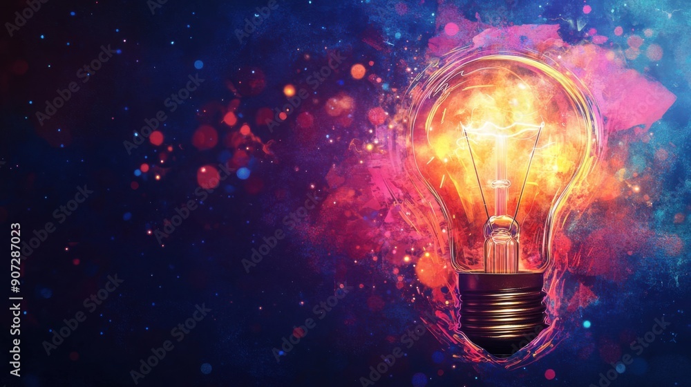 Poster illuminating creativity: light bulb with abstract doodles symbolizing creative thinking and brainsto