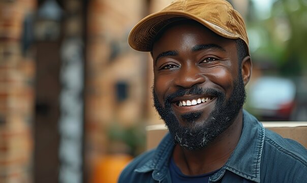 A happy African postman is delivering a package to a home.