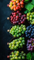 An Assortment of Fresh and Vibrant Grapes in Wooden Bowls Against a Dark Background, Highlighting their Variety in Color and Texture