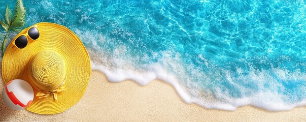 Obraz premium sand beach and clear water background banner design with summer yellow hat, sunglasses, beach ball and empty space for text 