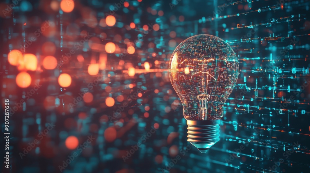 Poster illuminating tech innovation: light bulb with digital data streams, creative thinking concept