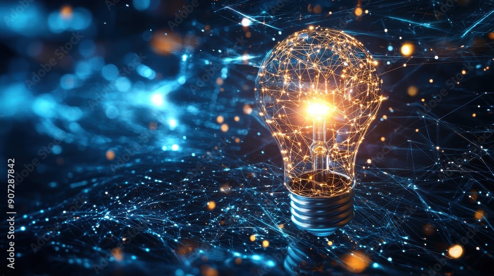 Poster illuminating tech innovation: light bulb with digital data streams on solid background for creative 