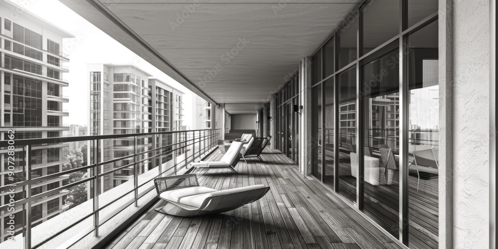 Wall mural A black and white photo of a balcony with comfortable-looking chairs