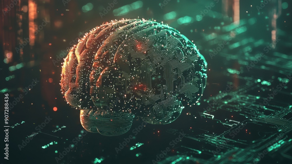 Poster futuristic brainwaves - abstract technological elements in creative thinking for the digital age con