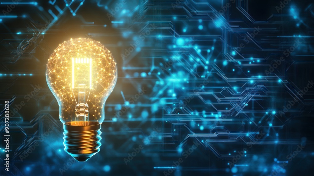Poster illuminating tech: light bulb with abstract circuit patterns for creative thinking and tech inspirat