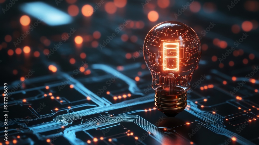 Poster illuminating tech innovation: light bulb with abstract circuit patterns