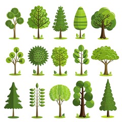 Green summer forest tree flat vector icons