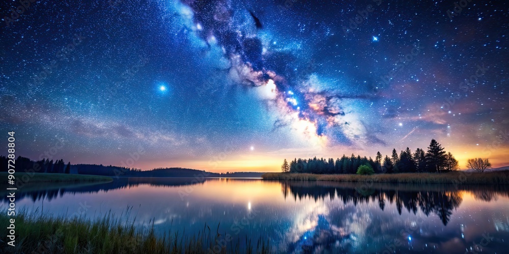 Poster Beautiful starry sky with twinkling stars over a serene landscape, starry, sky, stars, beautiful, landscape, night, astronomy