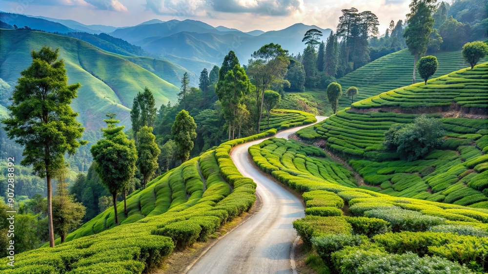 Poster Beautiful road surrounded by tea gardens in Kurseong to Siliguri , scenic, landscape, travel, destination