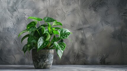Green Scindapsus Epipremnum plant in a grey setting Indoor ornamental garden