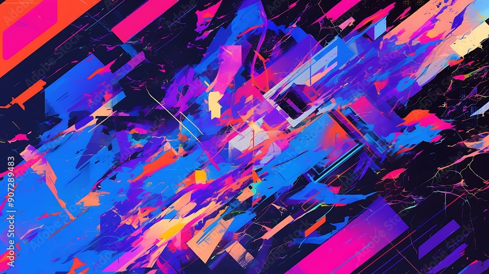 Poster a colorful abstract painting with a blue and pink background. the painting has different shapes and 