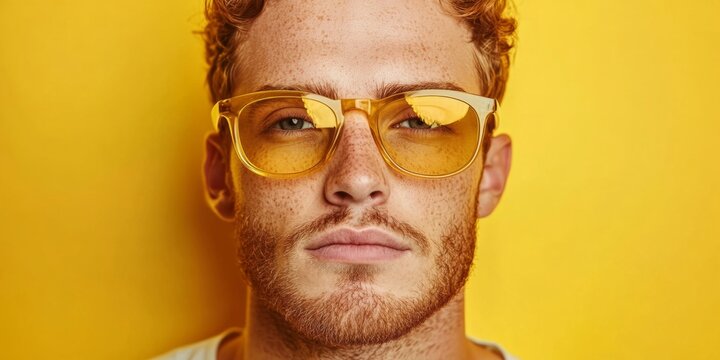 Stylish Freckled Man in Yellow Sunglasses: Summer Fashion Icon Against Vibrant Backdrop. Trendsetting Portrait Embodies Bold Style, Seasonal Flair, and Modern Aesthetics for Fashion Campaigns, Sale Pr