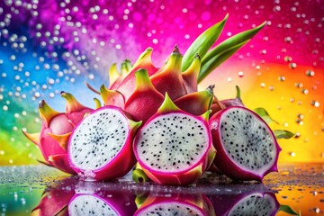 Vibrant dragonfruit arrangement with pink background, water droplets, and colorful stripes of white and purple pitahaya, showcasing refreshing summer creativity on transparent background.