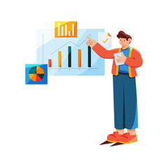 A man discusses his achievements in detail using graphs and analyst tables
