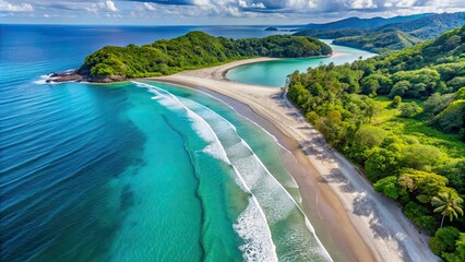 Aerial view of beautiful Samara beach in Costa Rica with white sand and clear turquoise water, Samara, beach