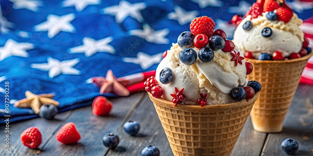 Poster Festive 4th of July ice cream with red, white, and blue toppings , celebration, patriotic, holiday