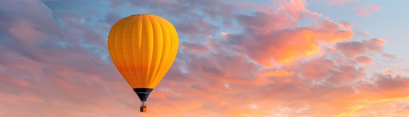 Fototapeta premium A vibrant hot air balloon floating against a stunning sunset sky, showcasing the beauty of adventure and travel.