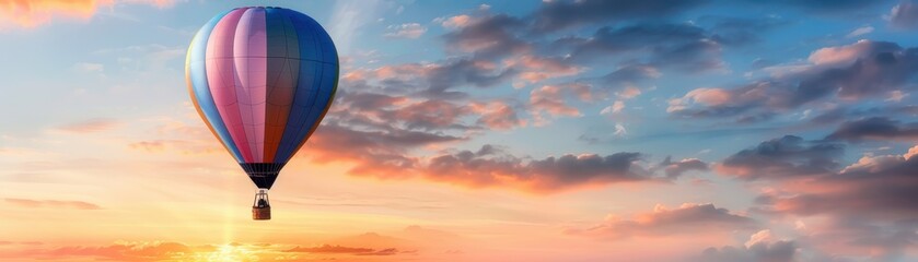 Fototapeta premium A vibrant hot air balloon floats in a colorful sky at sunset, creating a picturesque scene full of adventure and tranquility.