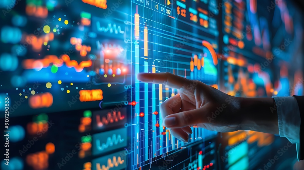 Poster hand points at a chart on a screen full of data and graphs for analysis.