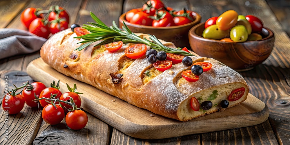 Poster Ciabatta bread loaf with tomatoes and olives, perfect for a rustic Italian meal, ciabatta, bread, loaf, tomatoes, olives, rustic