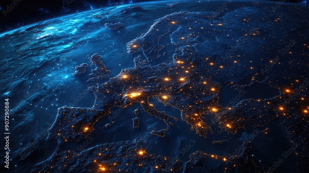 Poster An illuminated digital map of Europe with interlinked nodes, representing the EU's data network and telecommunication systems.