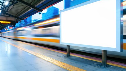 A blurred image of a train station with an empty advertisement board, capturing the fast-paced movement of city life.