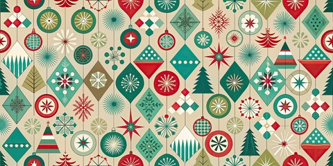 Mid-Century Modern Christmas pattern featuring retro geometrical shapes and festive colors, mid-century, modern, Christmas