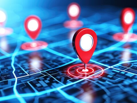 A digital map with red location pins highlighting various destinations in a futuristic setting.