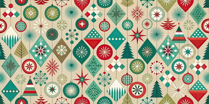 Fototapeta Mid-Century Modern Christmas pattern featuring retro geometrical shapes and festive colors, mid-century, modern, Christmas