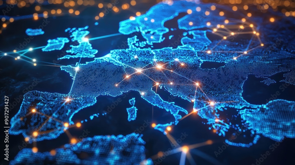 Poster a digital map of europe with bright lines and dots connecting different countries, symbolizing data 