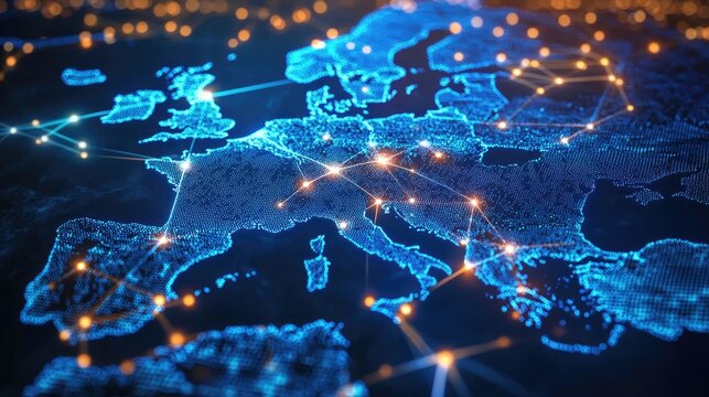A digital map of Europe with bright lines and dots connecting different countries, symbolizing data transfer in the EU.