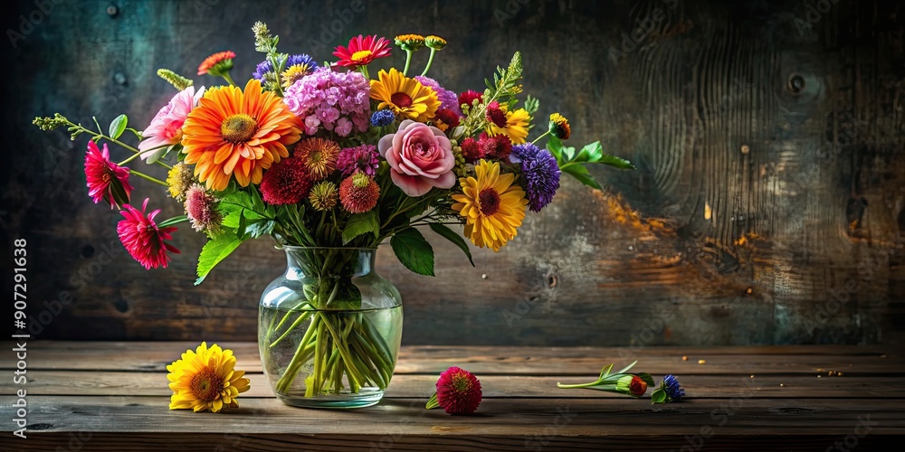 Poster Beautiful still life arrangement of various colorful flowers in vase on rustic table , colorful, vibrant, floral, arrangement