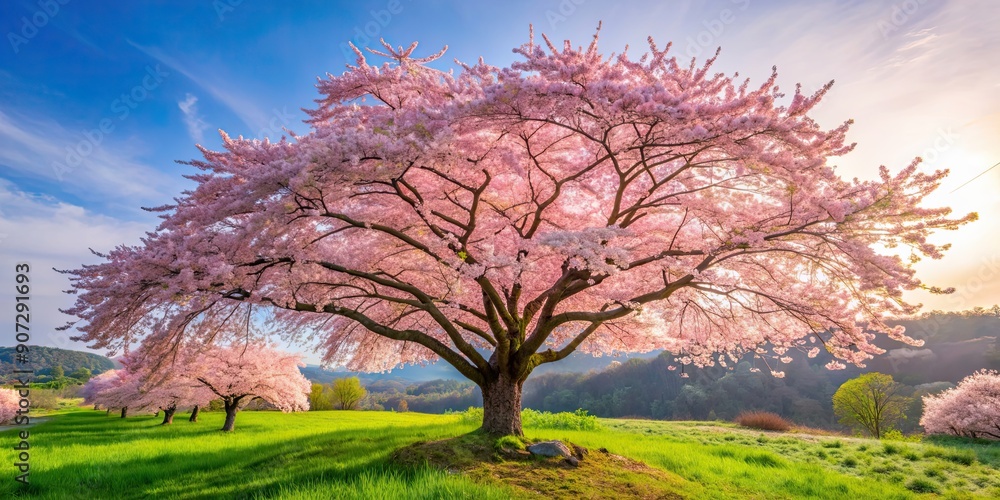 Sticker Blooming sakura cherry tree in a Japanese spring , sakura, cherry blossom, Japan, spring, blooming, pink, flowers, tree