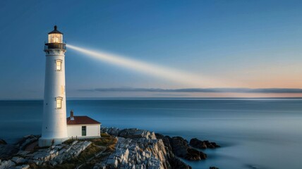 Obraz premium Beautiful lighthouse shining its beam over calm waters during sunset, creating a serene and picturesque coastal scene.