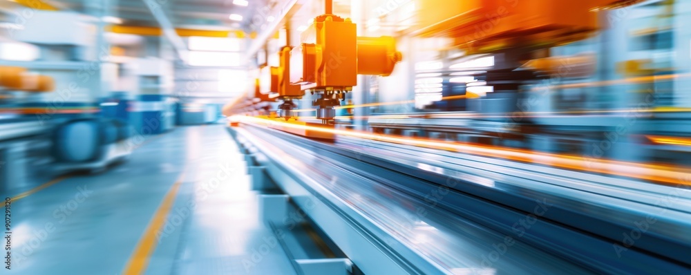 Poster modern production line with robotic arms in a factory, showcasing automation and efficiency in manuf