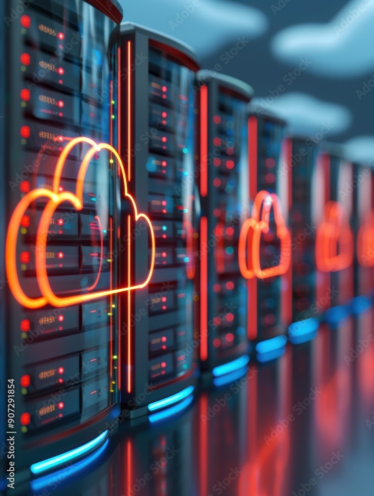 Aufkleber modern data center with cloud computing technology, featuring illuminated servers and vibrant neon a