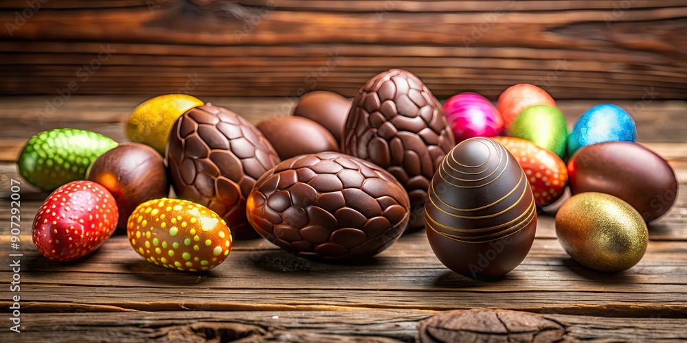 Wall mural Delicious chocolate Easter eggs on a wooden table, chocolate, Easter, eggs, sweet, dessert, celebration, holiday