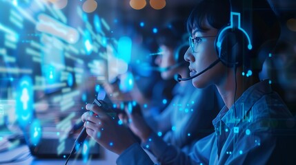 Gamer, wearing a headset and holding a controller, is focused on the screen. Digital graphics and lights add to the futuristic setting.