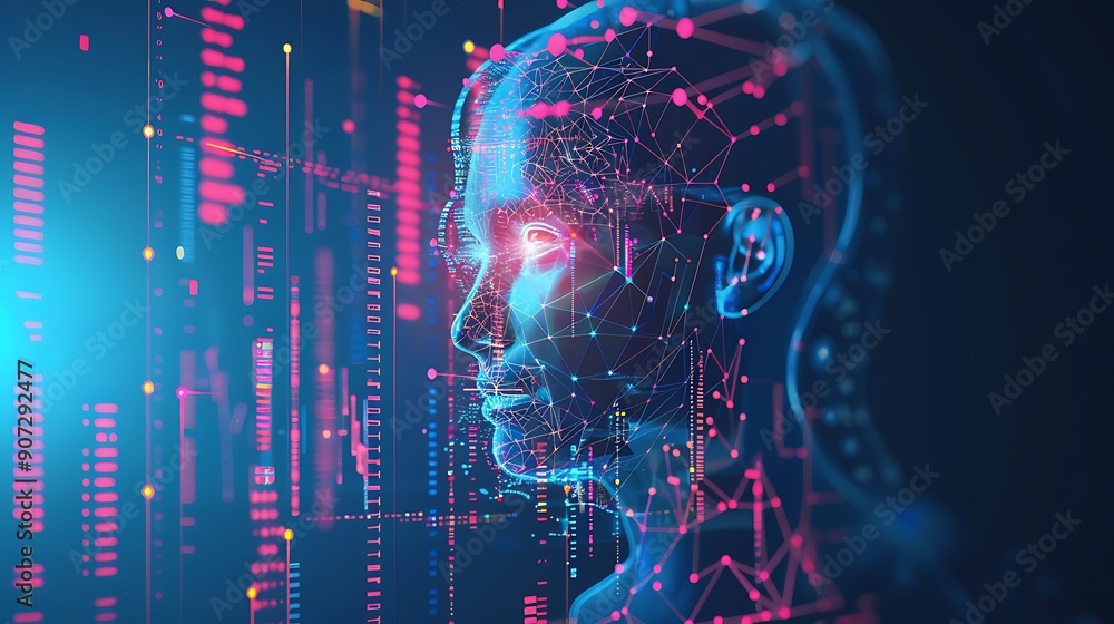 Poster digital portrait of a humanoid, rendered in a futuristic style with a network of data and code.