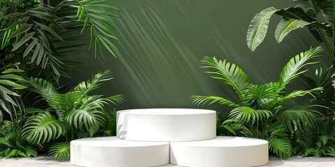 Modern white round shape steps pedestal podium isolated on tropical green forest 