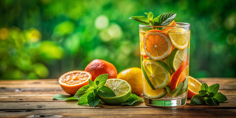 Fototapeta premium Refreshing glass of colorful fruit-infused water with slices of orange, lemon, lime, and mint leaves on a rustic wooden table against a bright green background.