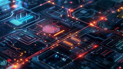 Obraz premium Close up view of a circuit board, with intricate pathways and glowing connections, representing the complexity and interconnectedness of technology.