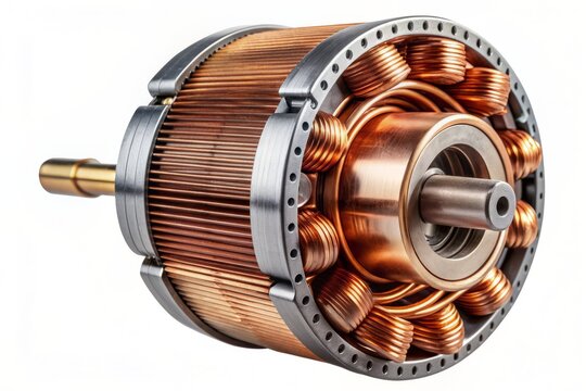 Rotary machine component with copper windings and metal housing isolated on transparent background, showcasing electrical machinery mechanism and industrial technology.
