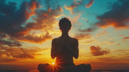 Prayer concept. Silhouette of a young man in a praying pose. Set against a vibrant sunset sunrise sky. Clasped hands.