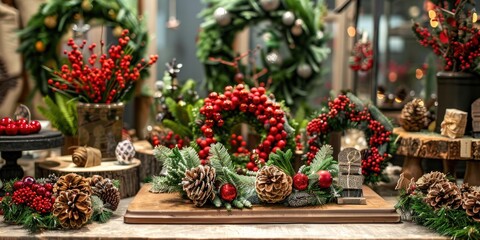 Christmas Decorations - A variety of holiday decorations such as wreaths, garlands, and table settings.