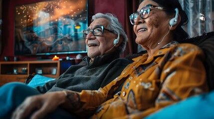 Obraz premium Senior Couple Enjoying Television with Hearing Aids for Entertainment and Wellbeing