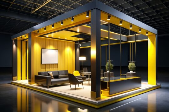 Modern exhibition stand with intricate construction, sleek black and vibrant yellow hues, abundant furniture, and dramatic high-contrast cinematic lighting, exuding sophistication and grandeur.