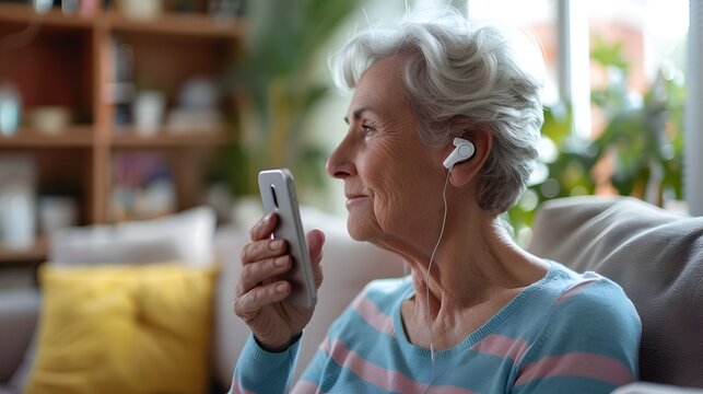 Senior woman using smartphone app to adjust her hearing aid,modern accessibility solutions