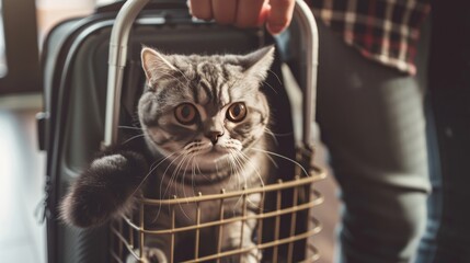 A Gray british shorthair Cat with Bright Eyes Being Carried in a Basket
